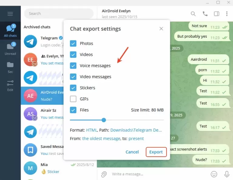 使用 Telegram 电脑版导出聊天记录