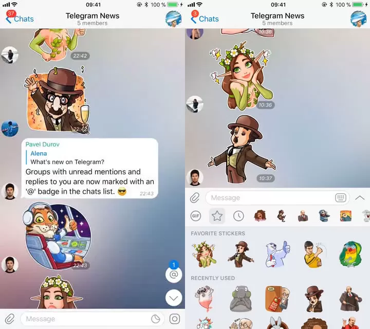 电报 Telegram 的回复、贴纸功能图示