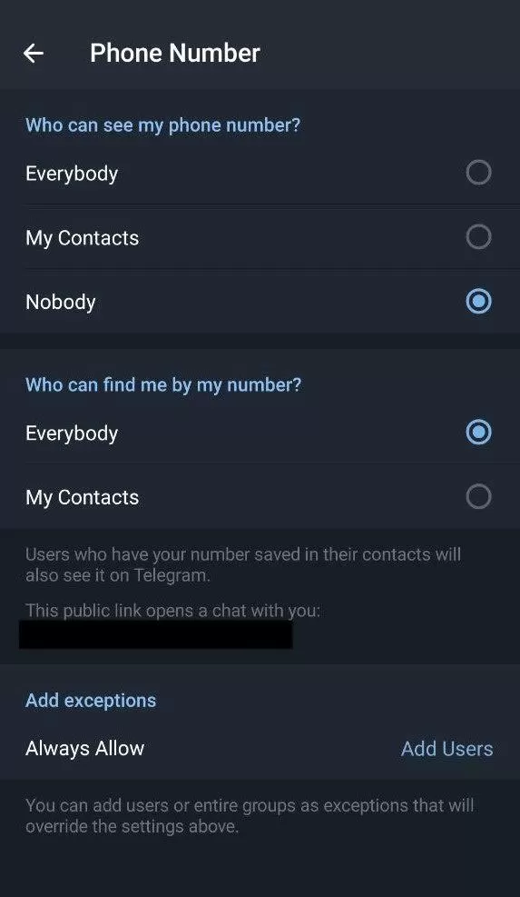 隐藏 Telegram 手机号码设置示例图