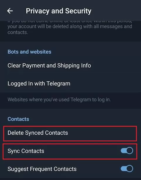 电报 关闭同步联系人（Sync Contacts）与删除已同步联系人示例图