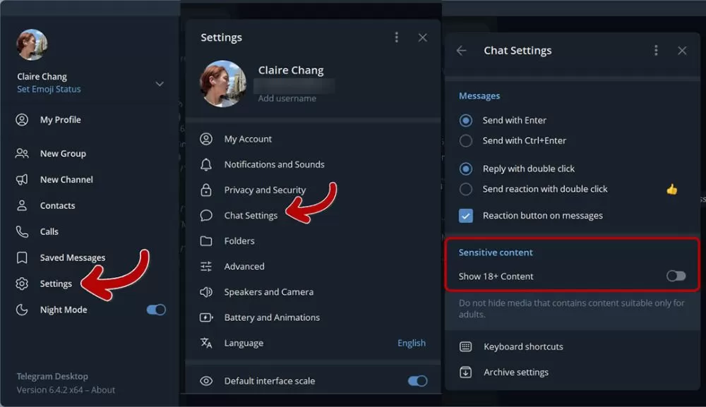 电脑版 Telegram 开启敏感内容显示的图示